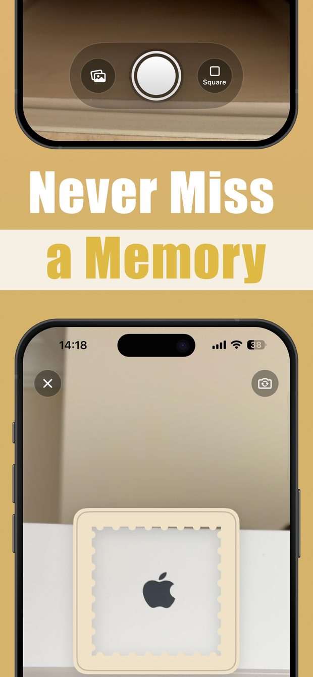 In-app camera with a perforated stamp-shaped frame over the viewfinder, plus shutter, Square toggle and photo library buttons
