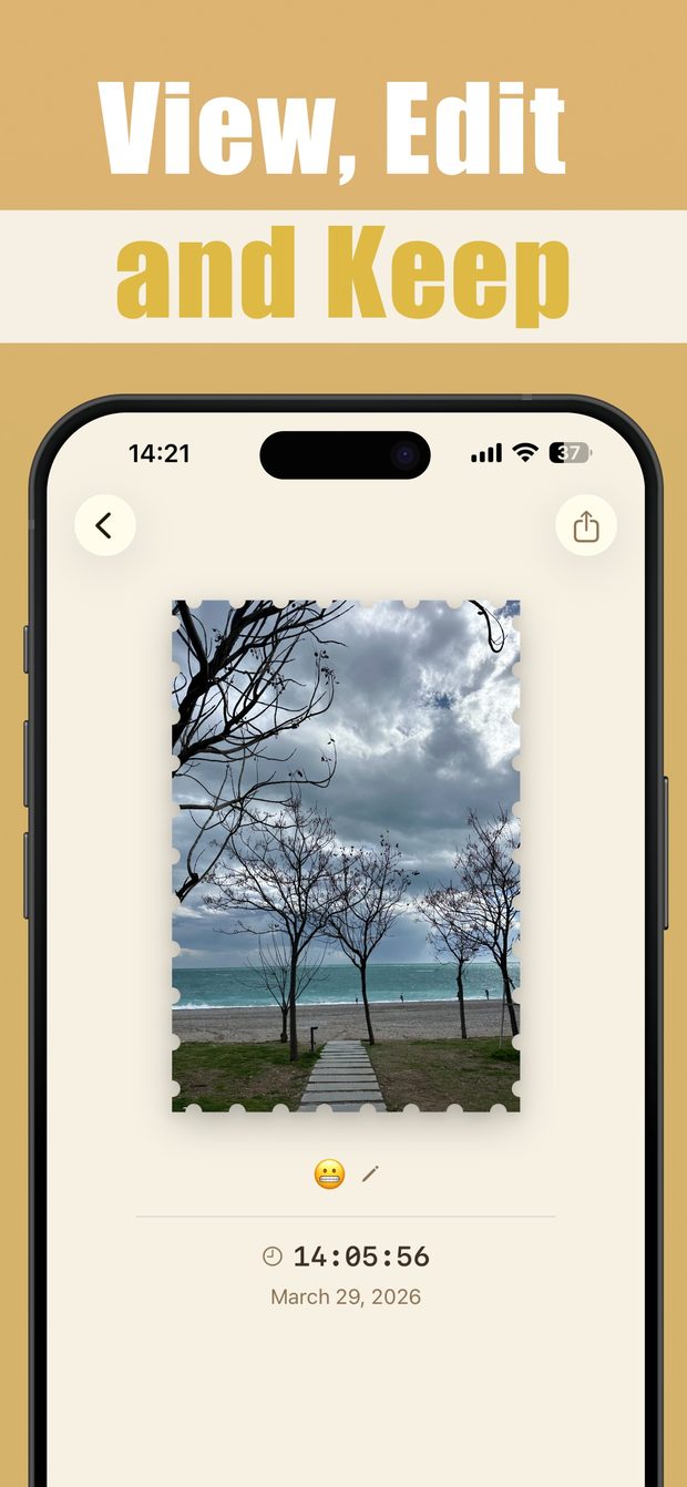 Single stamp detail view: a beach photo with perforated edges, an emoji, the capture time and date, and a share button