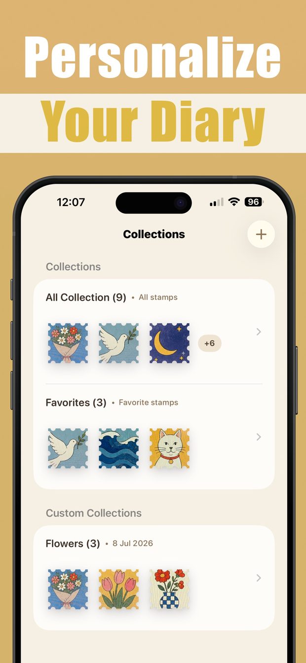 Collections screen listing All Collection (9), Favorites (3) and a custom Flowers collection, with a plus button to add more