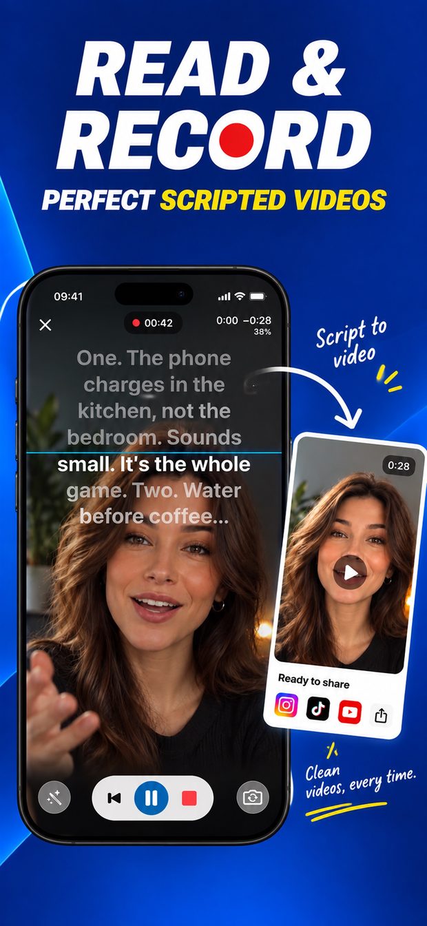 Teleprompter recording a selfie video with the script scrolling over the top of the frame and a finished take ready to share