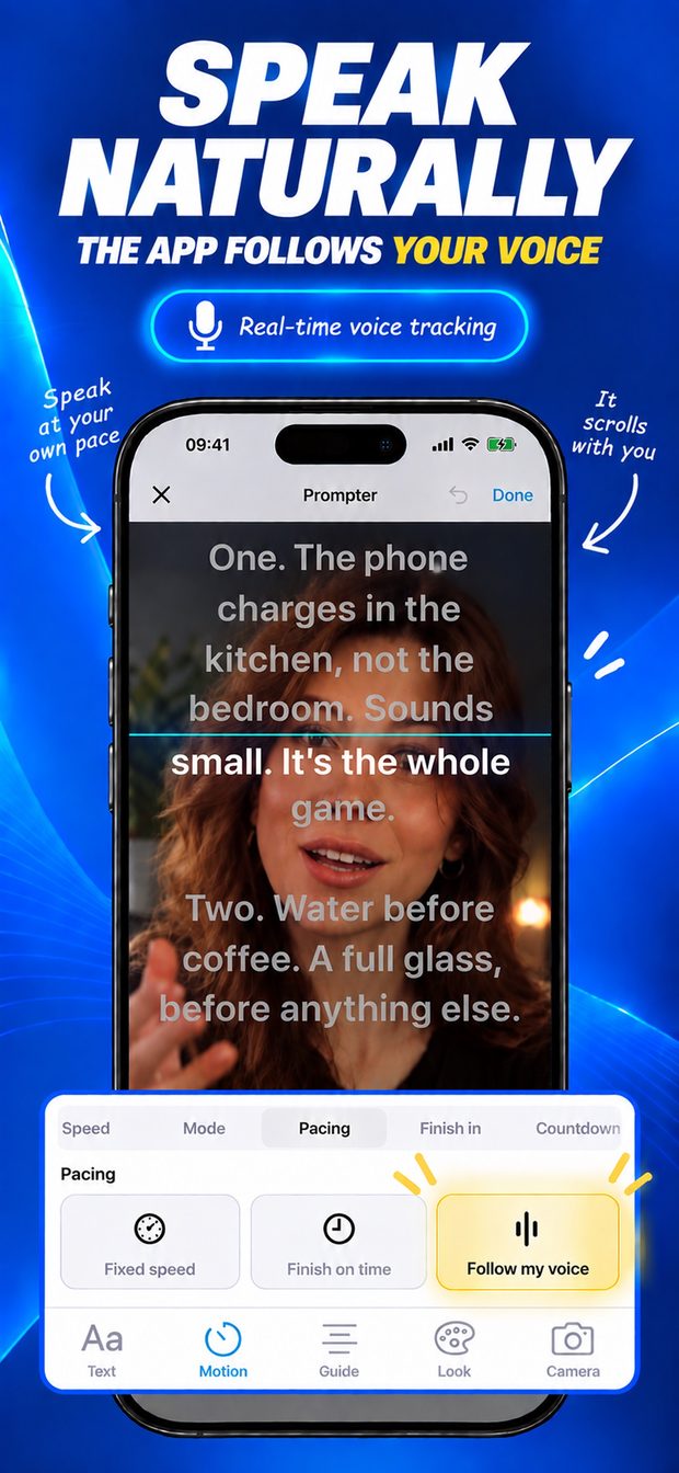 Prompter screen with the pacing options Fixed speed, Finish on time and Follow my voice, with real-time voice tracking on