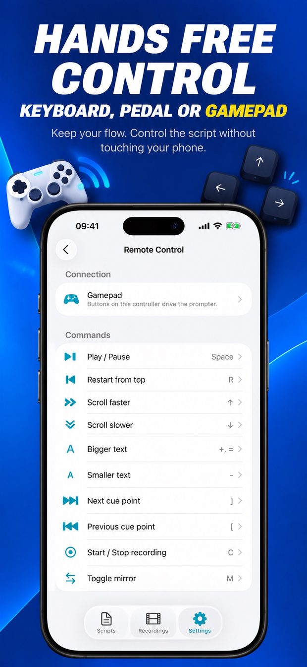 Remote Control settings with a gamepad connected and keyboard shortcuts for play, speed, text size, cue points and recording