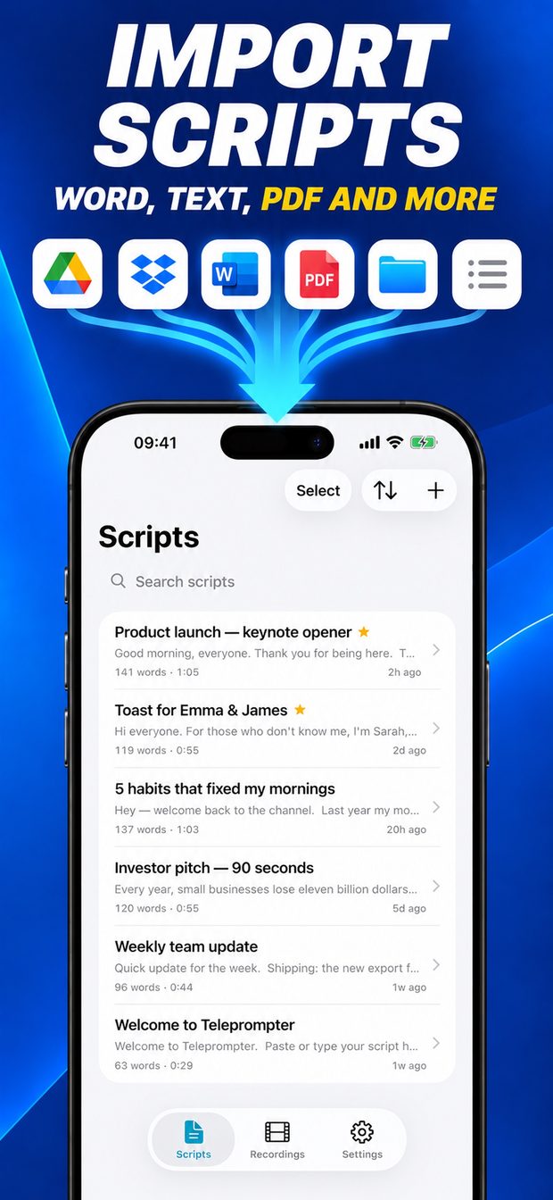 Scripts list with folders and search, and import sources including Google Drive, Dropbox, Word, PDF and Files