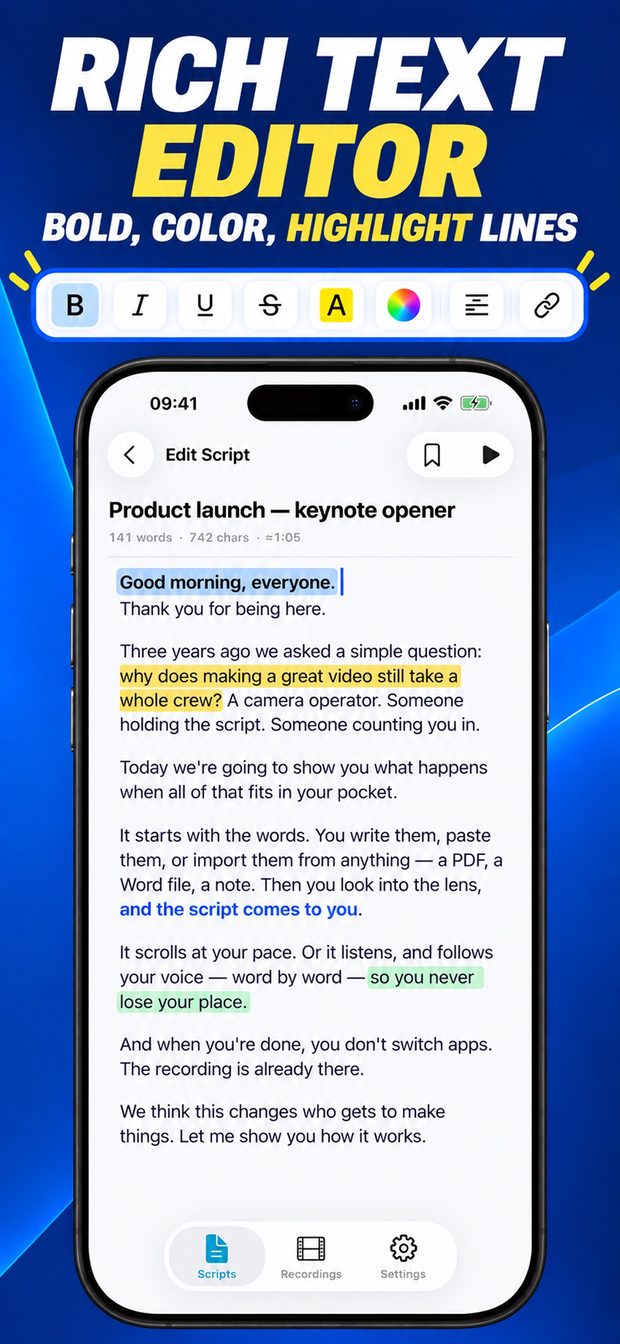 Rich-text script editor with bold, italic, underline, colour and highlighted lines in a keynote opener script