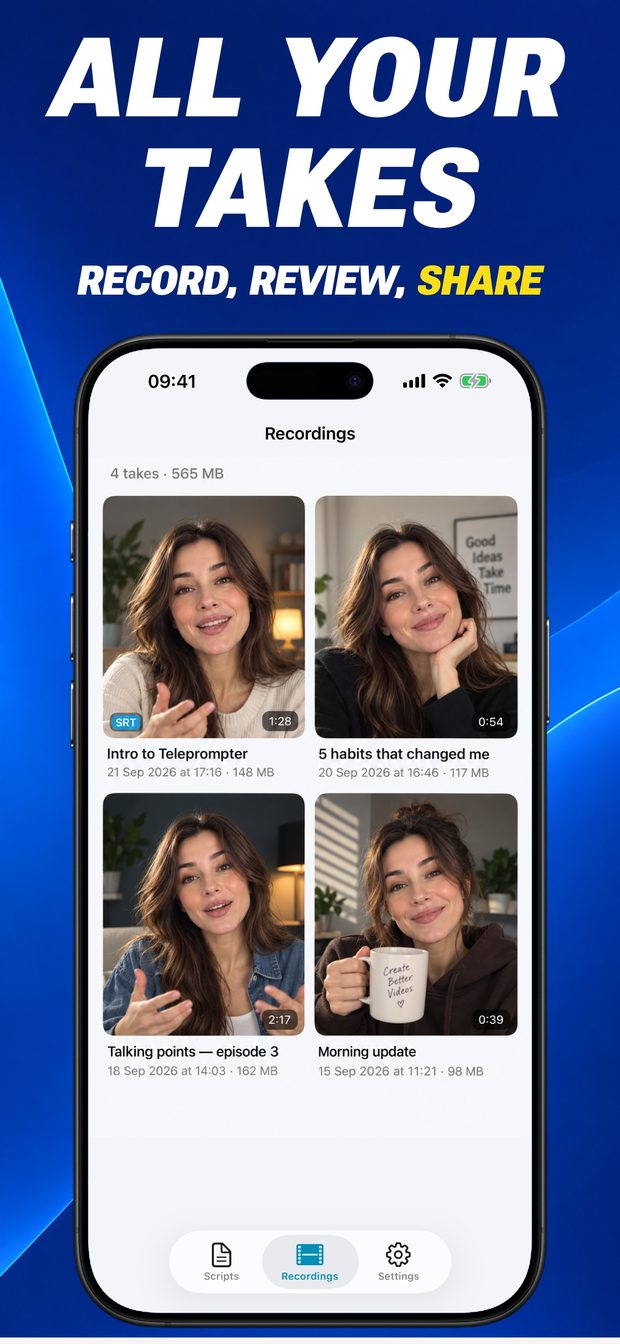 Recordings tab with four video takes, one with an SRT caption badge, showing duration, date and file size