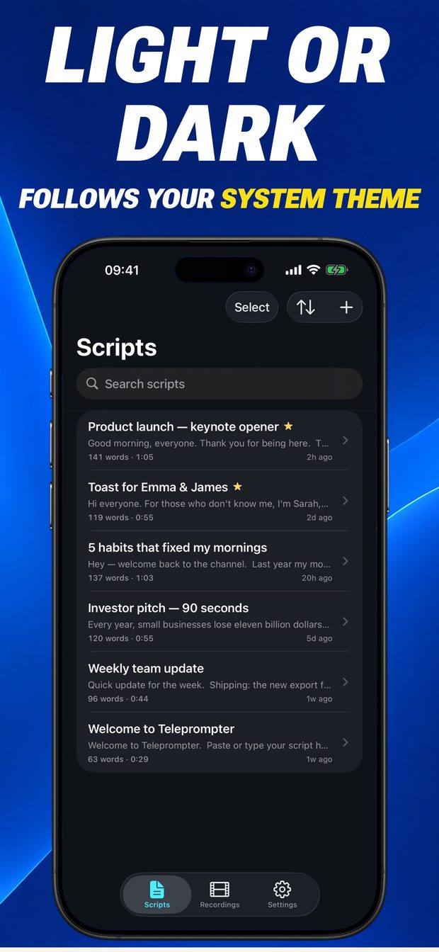 Scripts list in dark mode following the system theme