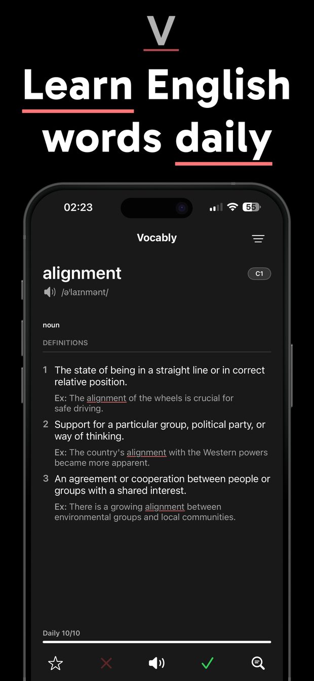 Vocably word card for “alignment” (C1) with IPA, speaker button, three numbered definitions and example sentences