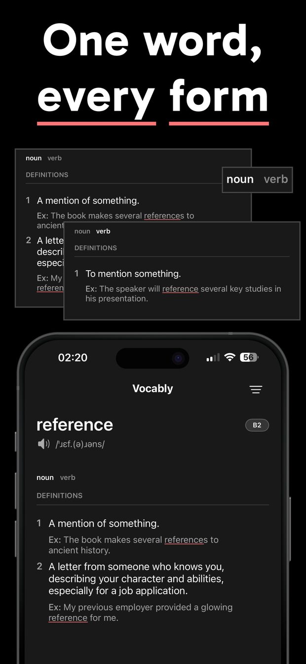 Word card for “reference” (B2) with noun and verb tabs; overlays show the separate noun and verb definition sets