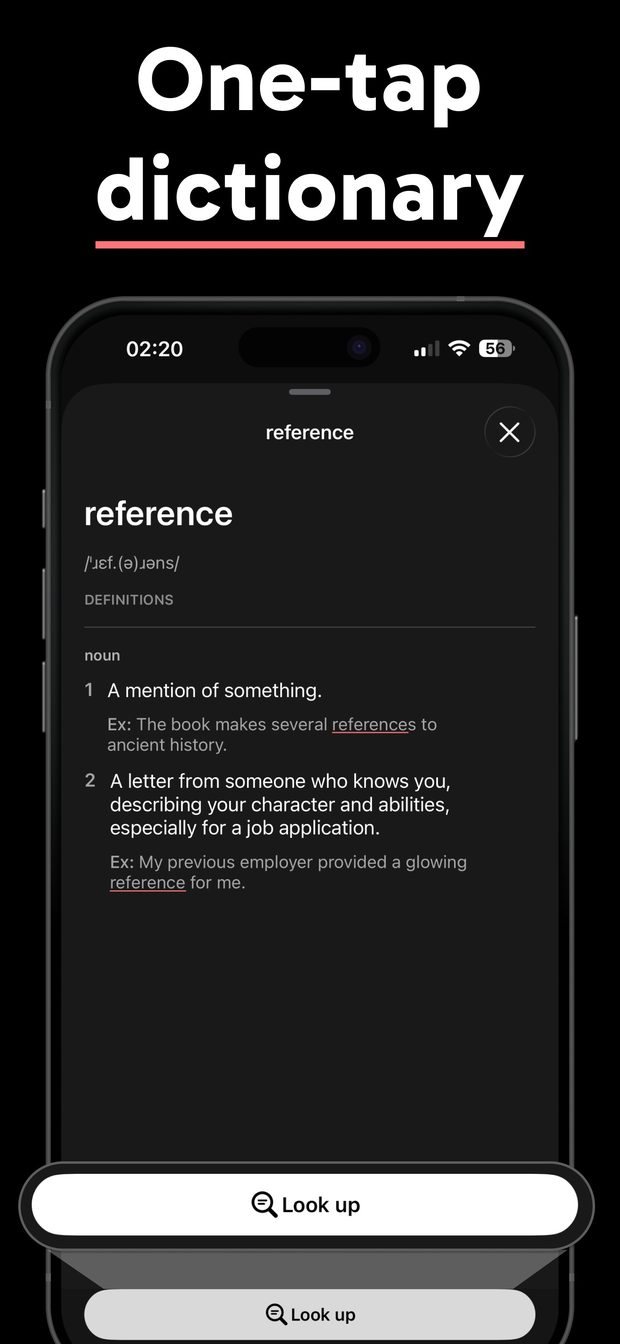 One-tap dictionary sheet for “reference” with IPA, noun definitions and examples, and a Look up button at the bottom