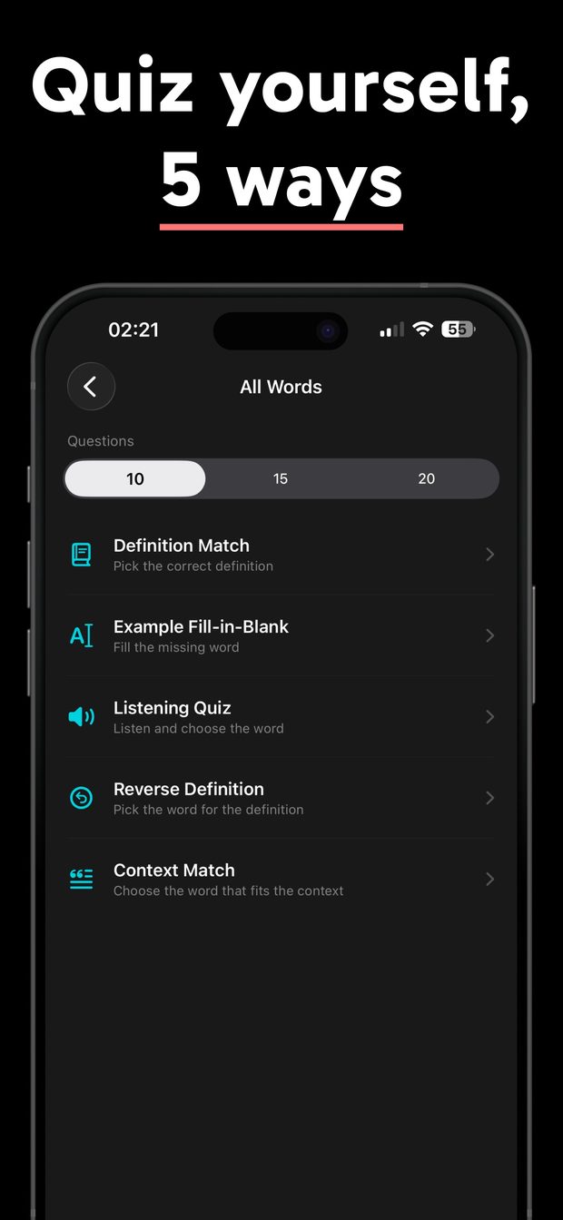 Quiz picker with 10, 15 or 20 questions and five modes: Definition Match, Fill-in-Blank, Listening, Reverse, Context Match