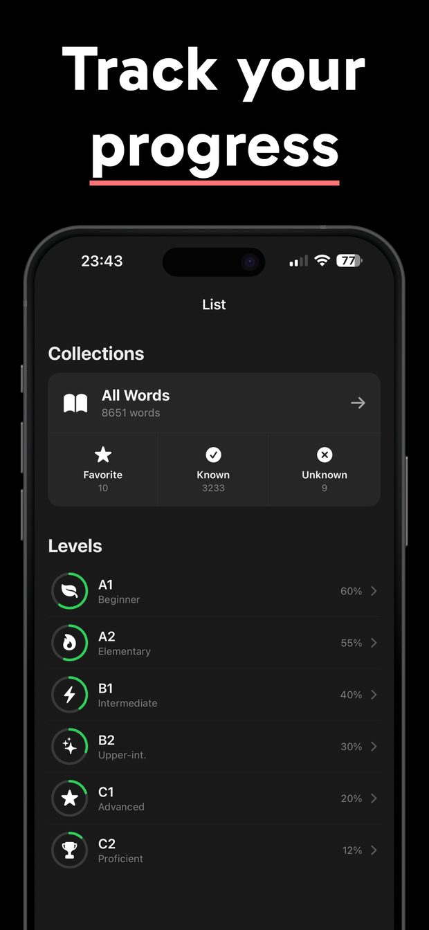 List screen with All Words (8651), Favorite, Known and Unknown counts, and A1–C2 level rows with progress rings and percents