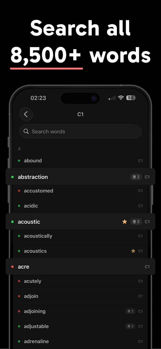 C1 word list with a search bar; entries like acoustic show green or red status dots, star favorites and numbered book badges