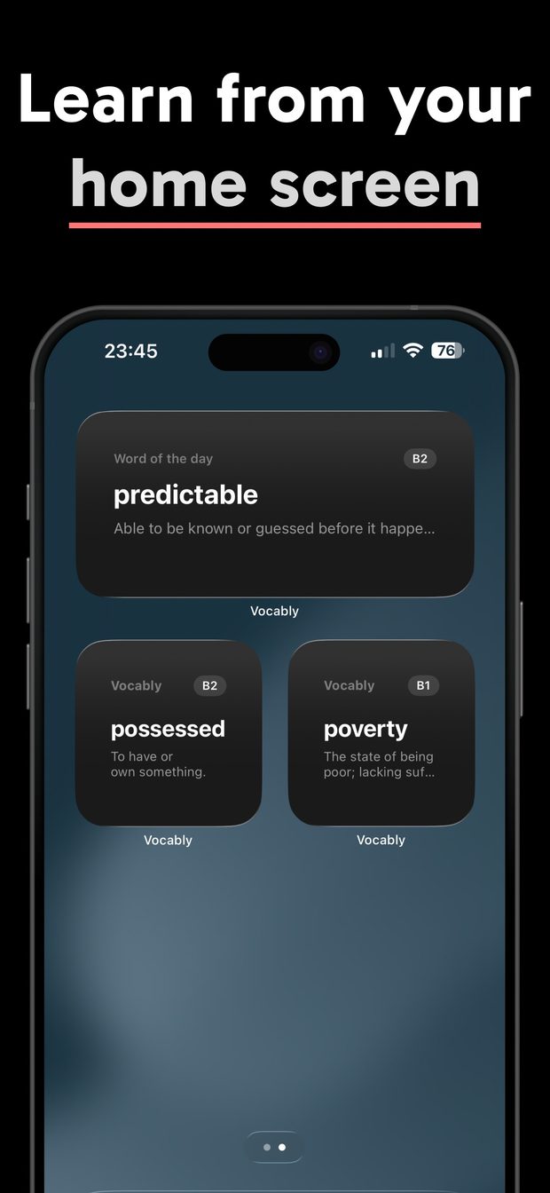 iPhone home screen with a medium Word of the day widget (predictable, B2) and two small widgets showing possessed and poverty