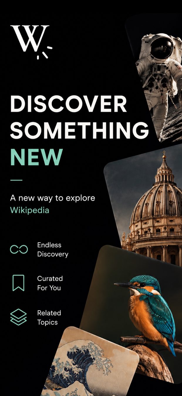 WikiScroll cover with the W logo, three feature lines and stacked photos of an astronaut, a dome, a kingfisher and a wave