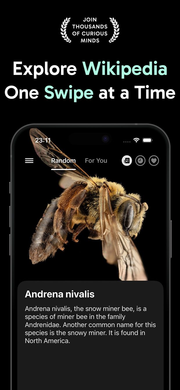 Random tab showing a Wikipedia article card for the bee Andrena nivalis with a full-screen photo and a short summary below