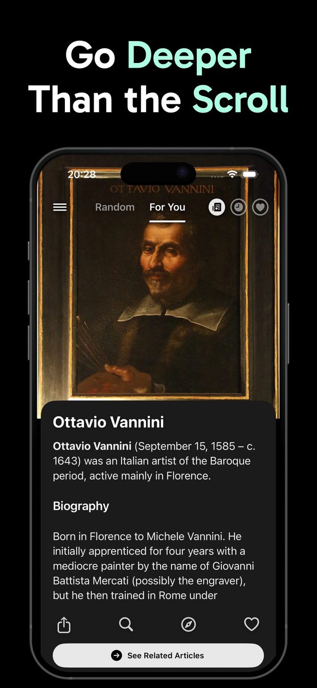 For You tab open on Ottavio Vannini, with biography text, share, search and heart buttons and a See Related Articles button