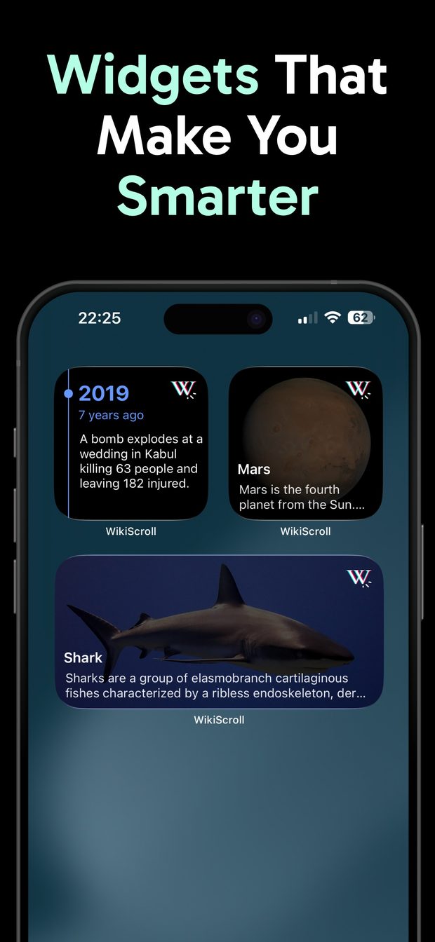 Three Home Screen widgets: a small 2019 timeline event, a small Mars article widget and a medium Shark article widget