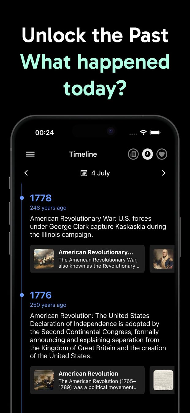 Timeline view for 4 July listing 1778 and 1776 events, each followed by linked Wikipedia cards on the American Revolution