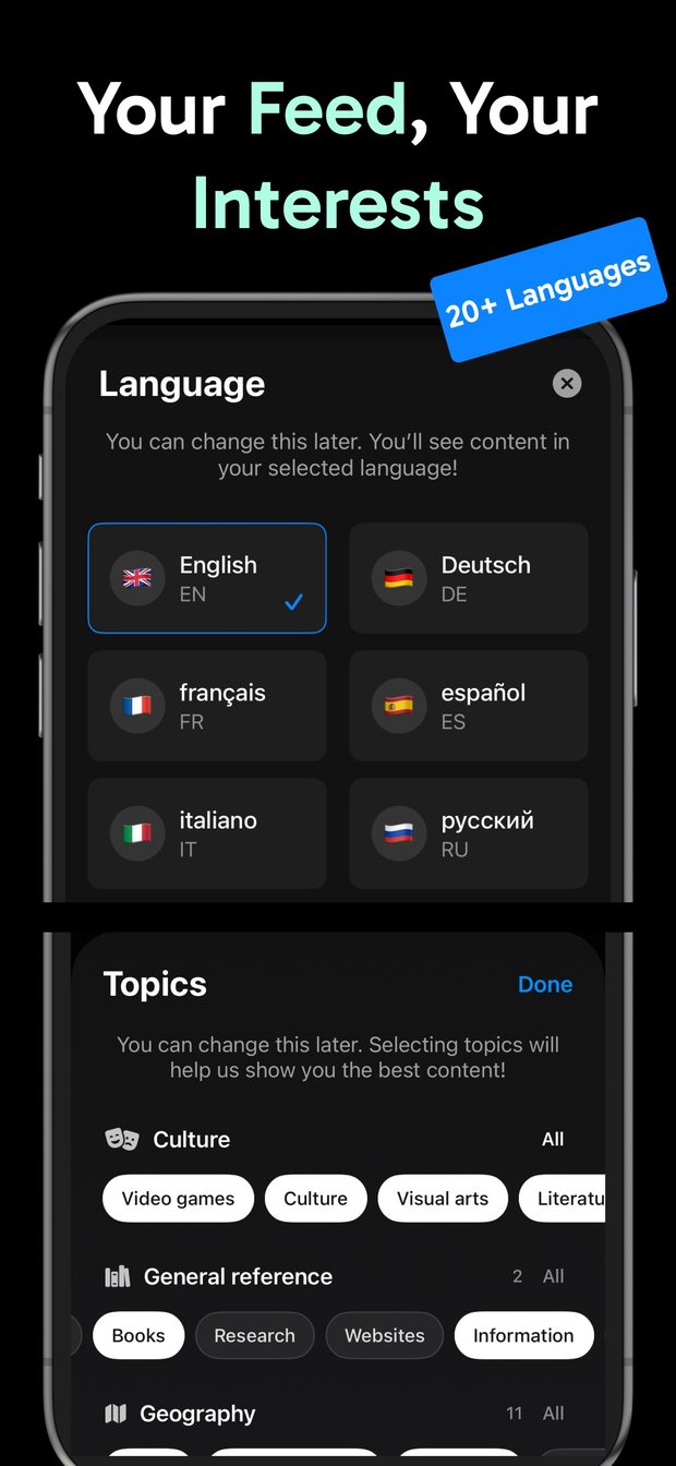Language sheet with English, Deutsch, français, español, italiano and русский, and a Topics sheet with Culture and Geography